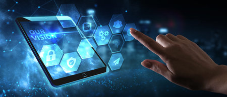 Business, Technology, Internet and network concept. Young businessman working on a virtual screen of...