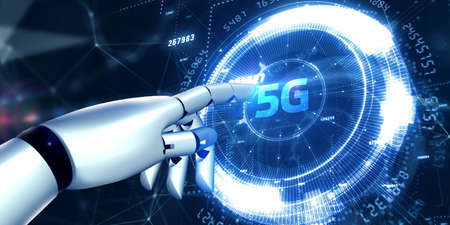 The concept of 5G network, high-speed mobile Internet, new generation networks. Business, modern technology, internet and networking concept. 3D illustration.の写真素材