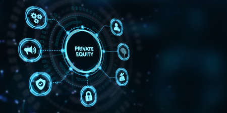 Business, Technology, Internet and network concept. Young businessman shows the word on the virtual display of the future: private equityの写真素材