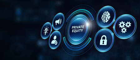 Business, Technology, Internet and network concept. Young businessman shows the word on the virtual display of the future: private equityの写真素材