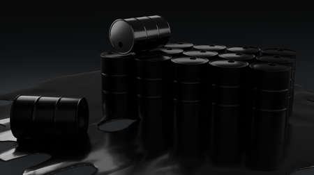 Black oil barrels on dark background. 3D illustrationの写真素材