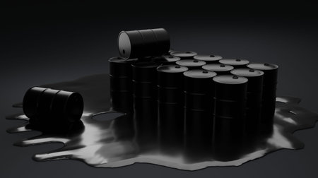 Black oil barrels on dark background. 3D illustration