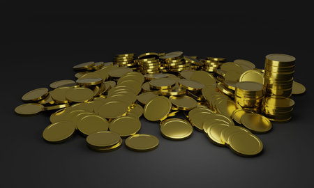 Piles of shiny gold coins. 3d render, illustration.Isolated on gray background.