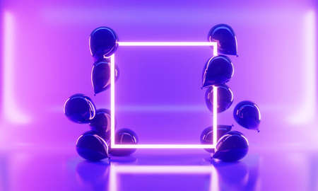 Realistic balloons with square frame, place for text. Ð¡oncept for elegant birthday card or sale, luxury abstract backdrop for web and print decoration. 3d illustrationの写真素材