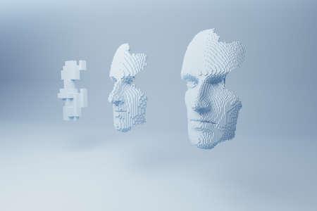 Abstract human face. 3D illustration of a head constructing from cubes. Artificial intelligence concept.の写真素材