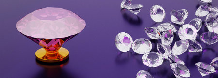 3d illustration. Diamonds on a lilac reflective background.