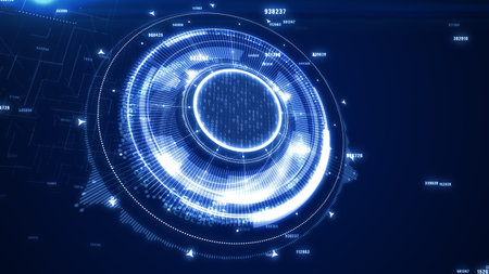 Business, technology, internet and virtual reality concept - button on virtual screen. 3D...