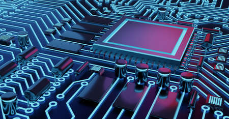 CPU Chip on Motherboard - abstract 3D render of a computer processor chip on a circuit board with microchips and other computer partsの写真素材