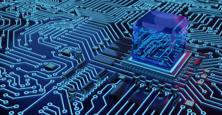 CPU Chip on Motherboard - abstract 3D render of a computer processor chip on a circuit board with...