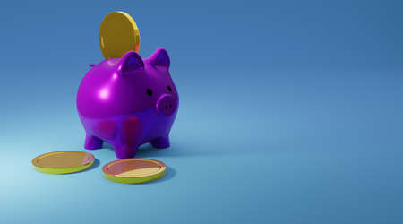 Inserting a coin into a piggy bank.3d render, illustration.の写真素材