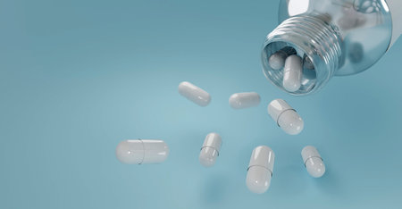 Antibiotic capsule pill and capsule pills bottle. Pharmaceutics concept. Pharmaceutical industry. Pharmacy product. Capsule pills production.の写真素材