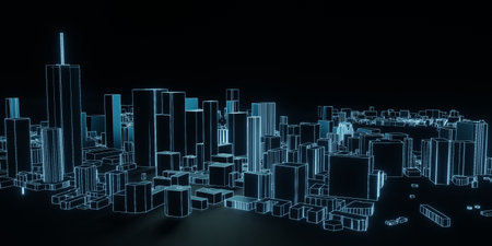Abstract city 3d rendering background. Modern cityscape in neon lights. retrowave and cyberpunk...