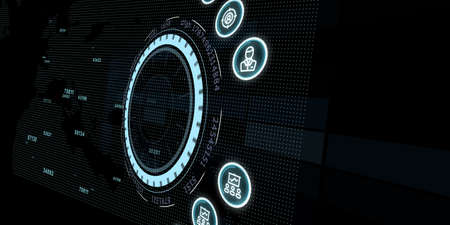 Business, technology, internet and virtual reality concept - button on virtual screen. 3D illustration.の写真素材