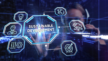 SUSTAINABLE DEVELOPMENT inscription, cloud technology concept. Business, Technology, Internet and...