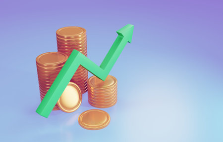 Up arrow and coin stacks. Financial success and growth concept. 3d render illustrationの写真素材