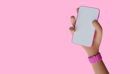 Cartoon hands holding smartphone 3d illustration.