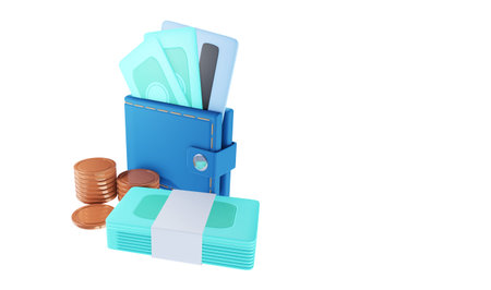 3D Money Saving icon concept. Wallet, bill, coins stack. 3d illustrationの写真素材