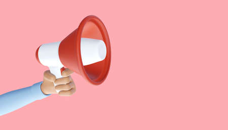 Cartoon hand holding megaphone. Advertising and promotion symbol. 3d illustrationの写真素材