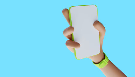 Cartoon hands holding smartphone 3d illustration.