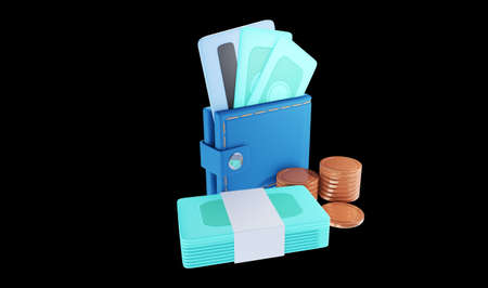 3D Money Saving icon concept. Wallet, bill, coins stack. 3d illustrationの写真素材