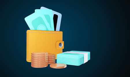 3D Money Saving icon concept. Wallet, bill, coins stack. 3d illustrationの写真素材