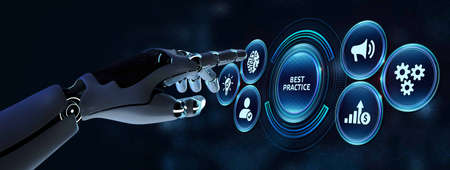 BEST PRACTICE successful business concept. Robot pressing button on virtual screen. 3d renderの写真素材