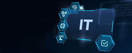 IT consultant presenting tag cloud about information technology.3d illustrationの写真素材