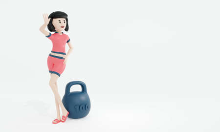 young girl cartoon character. Sport, yoga and fitness concept. 3d illustration.の写真素材