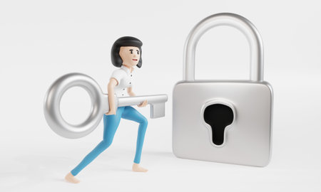 Safety and protection in business. Cartoon character girl with a key in her hands closes the lock....