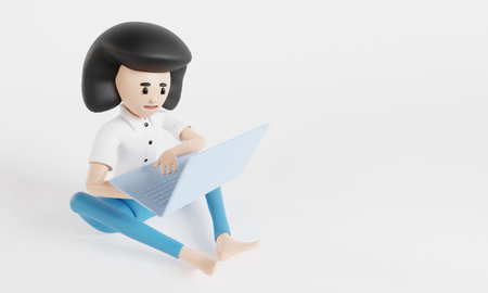 Cartoon character girl with laptop. 3d illustrationの写真素材