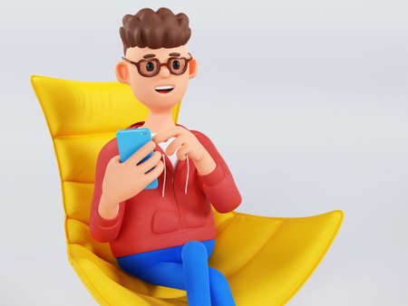 Cartoon character man sitting on a chair with a phone in his hands. 3d illustration.の写真素材
