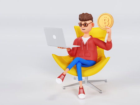 Cartoon businessman character is sitting in a chair with a laptop and hand holding a bitcoin coin....