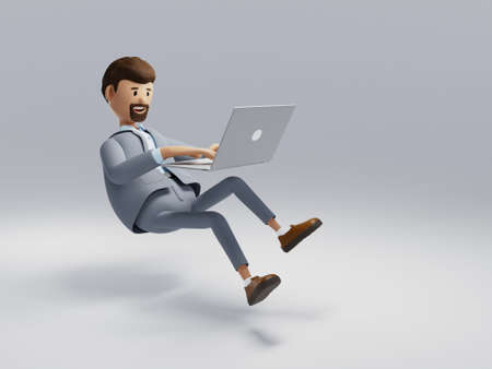 Cartoon character of a businessman with a laptop flying in the air. Freelancer working on the Internet. Workplace concept. isolated on white background. 3d illustration.の写真素材