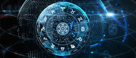 Astrological zodiac signs inside of horoscope circle. Astrology, knowledge of stars in the sky over the milky way and moon. The power of the universe concept. 3d illustrationの写真素材