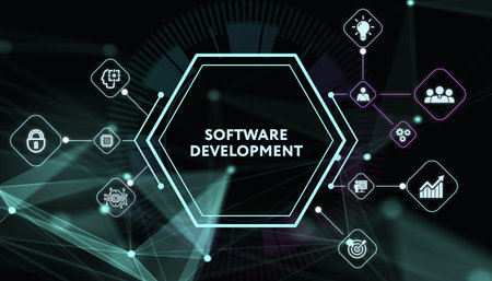 Inscription Software Development on the virtual display. Business, modern technology, internet and networking concept. 3d illustrationの写真素材