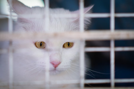 White and orange cat looking to camera  in cageの写真素材