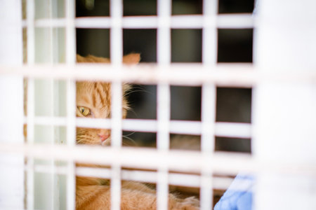 White and orange cat looking to camera  in cageの写真素材
