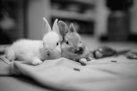 The cuteness of the rabbits in the room are black and whiteの写真素材