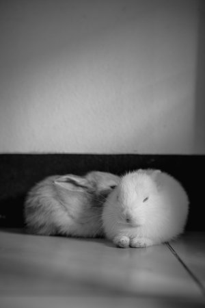 The cuteness of the rabbits in the room are black and whiteの写真素材