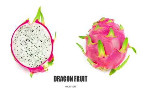 Creative layout made of pitahaya (dragonfruit). Flat lay. Food concept. Pitahaya (dragonfruit) on white background.の写真素材