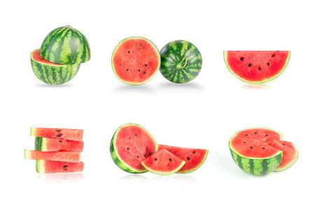 Isolated watermelons. Collection of whole and cut watermelon fruits isolated on white background with clipping pathの写真素材