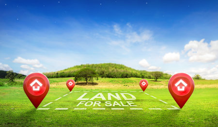 Land plot management - real estate concept with a vacant land on a green field available for...