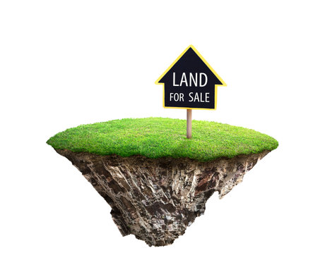 Land for sale sign on grass and geology cross section with soil and green grass. fantasy floating island natural isolated on white background. real estate sale, property investment concept. 3Dの写真素材