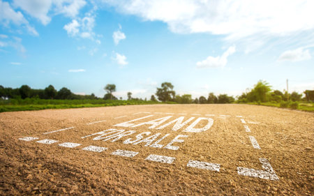 Land plot management - real estate concept with a vacant land on a green field available for building construction and housing subdivision in a residential area for sale, rent, buy or investment.の写真素材