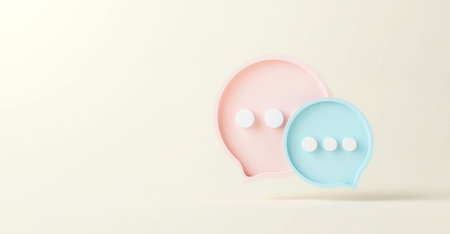 Blank speech icon dialog bubble isolated on white 3d background with two blue, pink message speak symbol or communication talk chatting balloon sign and social chat dialogue button simple conversationの写真素材
