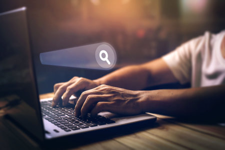 Data search engine optimization browser webpage technology internet networking business concept, Search browsing internet connecting worldwide. Man's hands are using computer to Search for informationの写真素材
