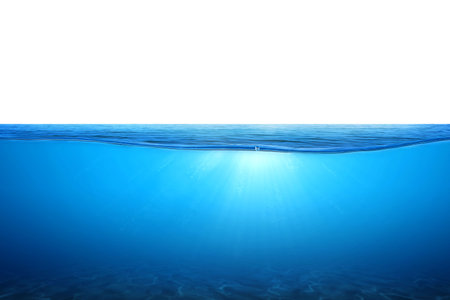 Blue water wave and bubbles isolated on white background. BLUE UNDER WATER waves and bubbles. sea with sunlight reflection, Tranquil sea harmony of calm water surface. for graphic designing, editing.の写真素材