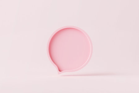 Blank speech icon dialog bubble isolated on pink 3d background with empty pink message speak symbol or communication talk chatting balloon sign and social chat dialogue button simple conversation.の写真素材
