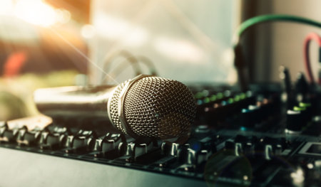 Close-up microphone and sound mixer in studio for sound record control system and audio equipment...