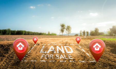 Land plot management - real estate concept with a vacant land on a green field available for building construction and housing subdivision in a residential area for sale, rent, buy or investment.の写真素材